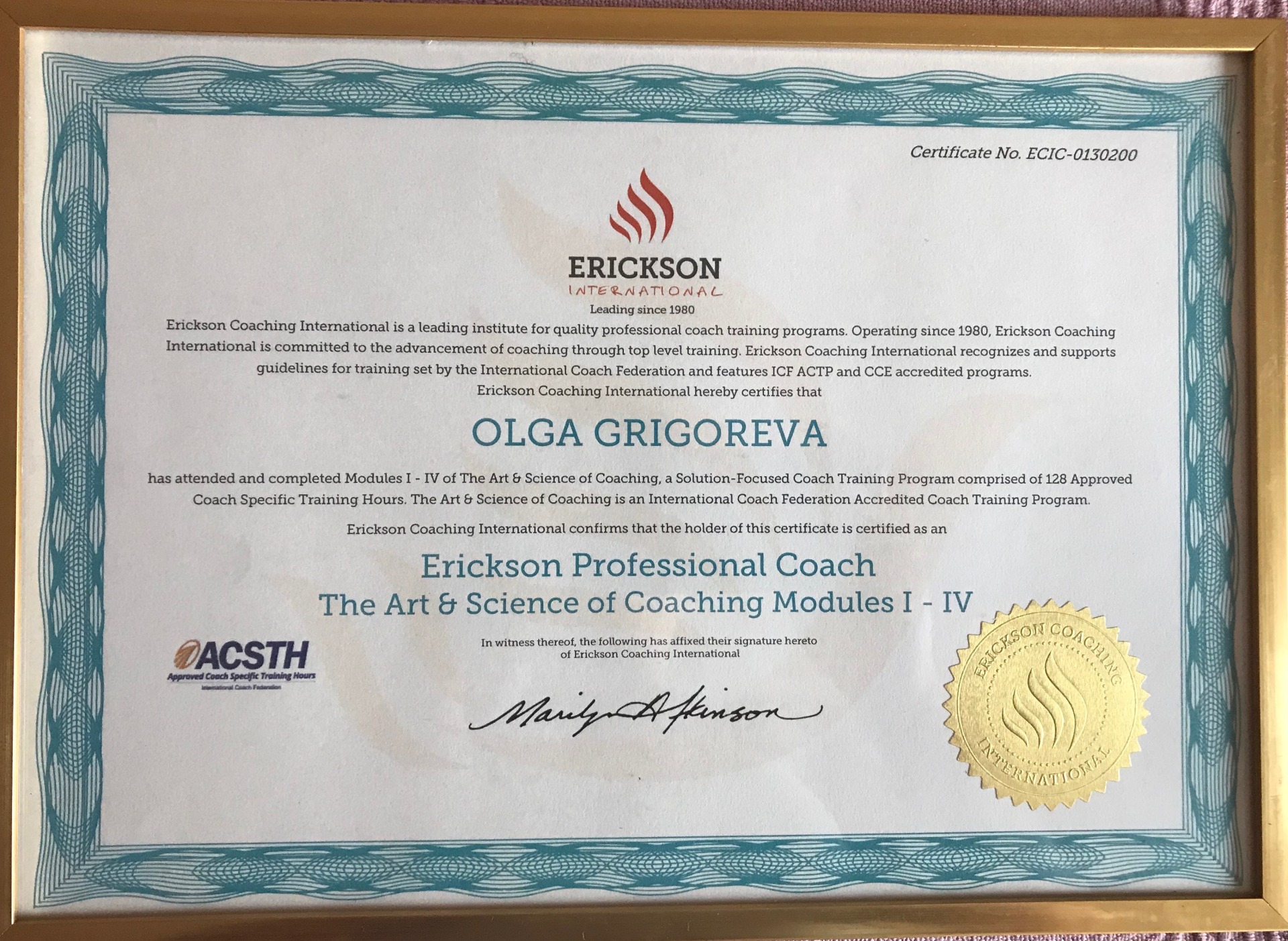 Certificate of Erickson Professional Coach